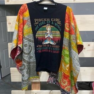 Upcycled boho Pisces Girl graphic top/poncho w/kantha sleeves